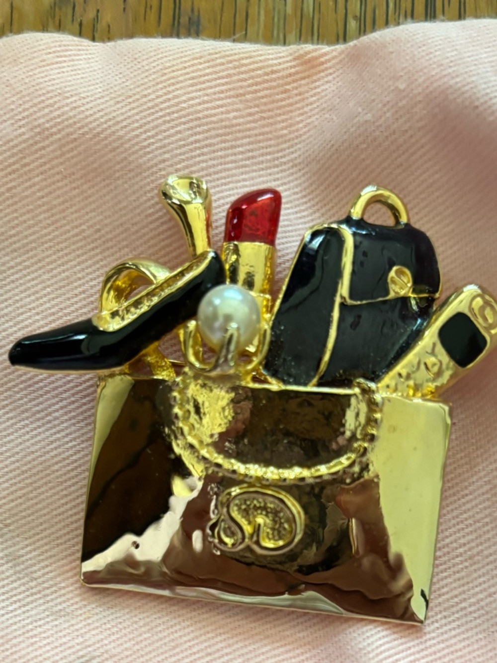 St. John Gold-Tone Handbag Brooch with Black Shoe, Red Lipstick and Pearl